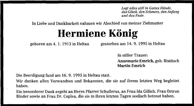 Koenig Hermiene 1913-1995 Todesanzeige